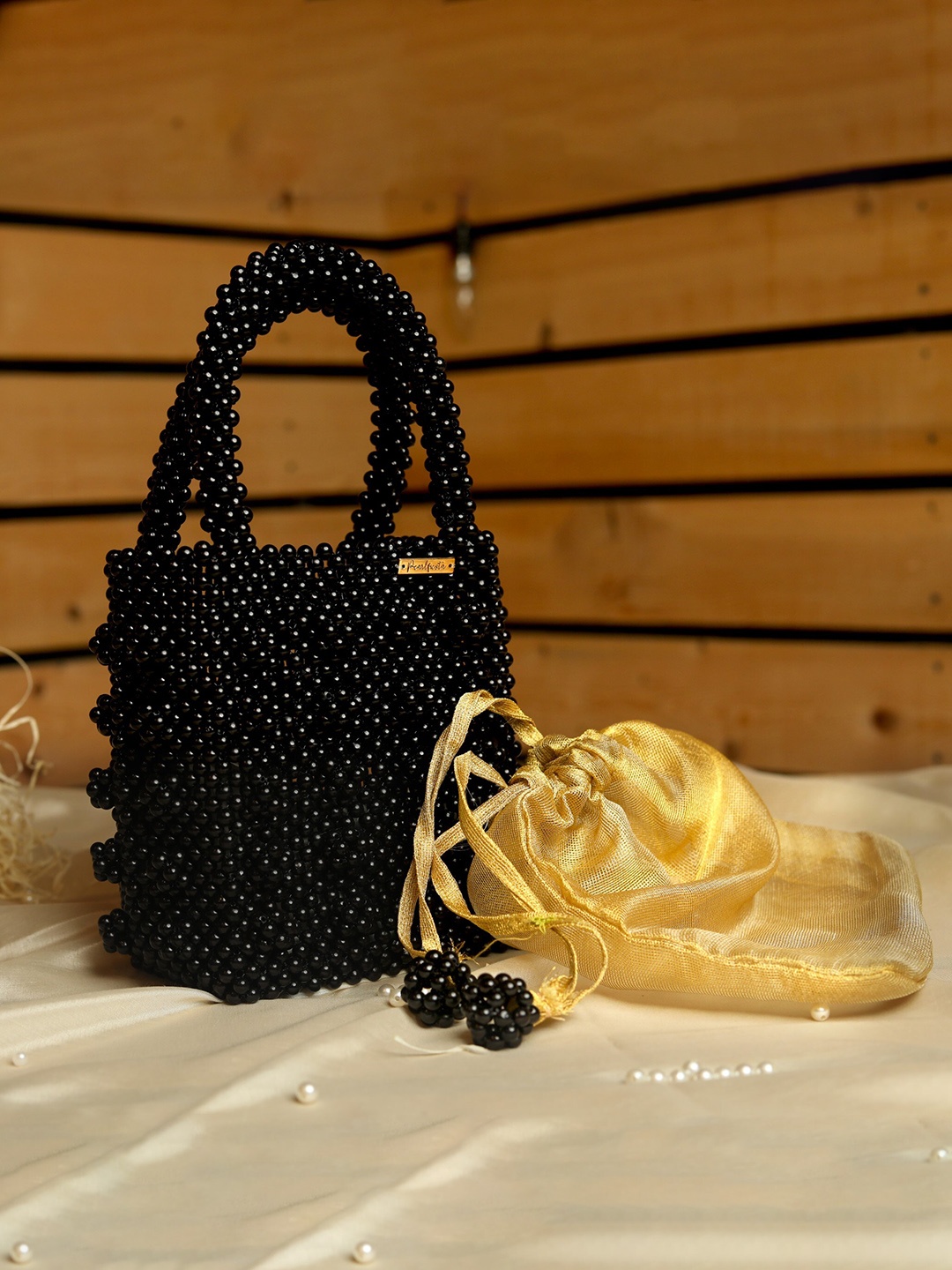 

Pearlfiesta Oversized Structured Handheld Bag with Tasselled, Black