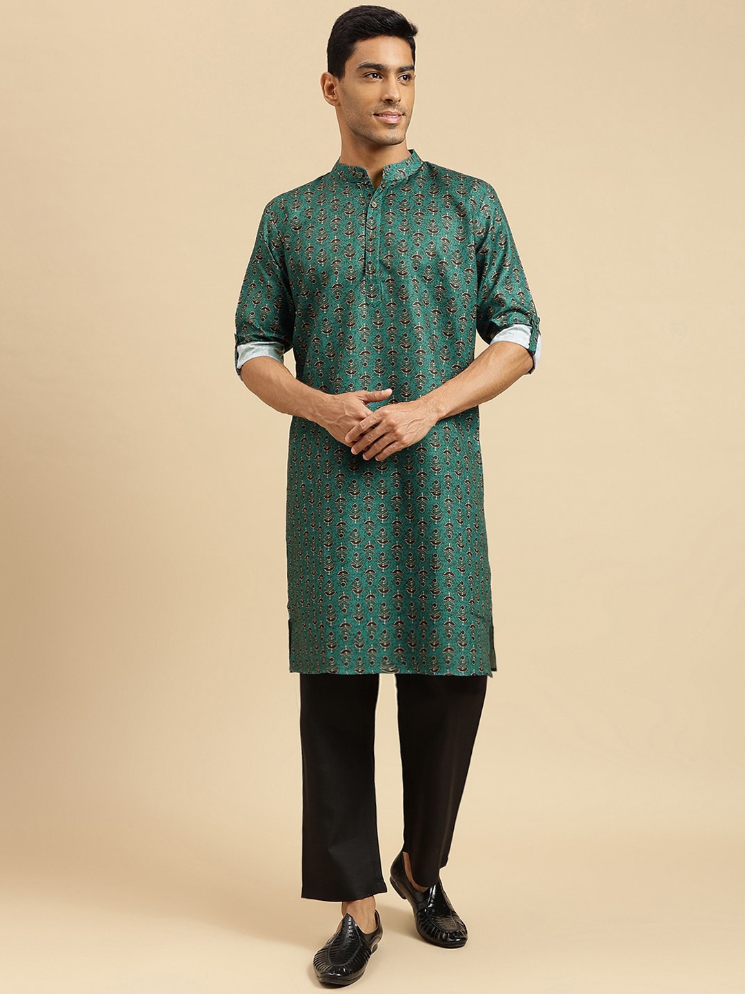 

Sangria Ethnic Motifs Printed Mandarin Collar Pure Cotton Straight Kurta With Trouser, Teal
