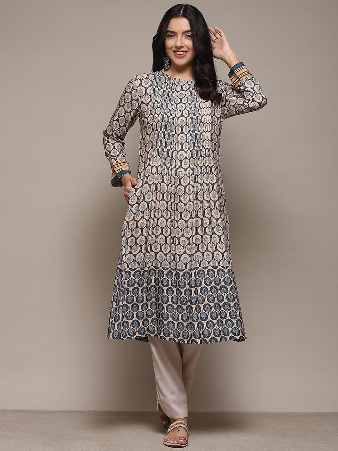 

Biba Ethnic Motifs Printed A-Line Kurta, Grey