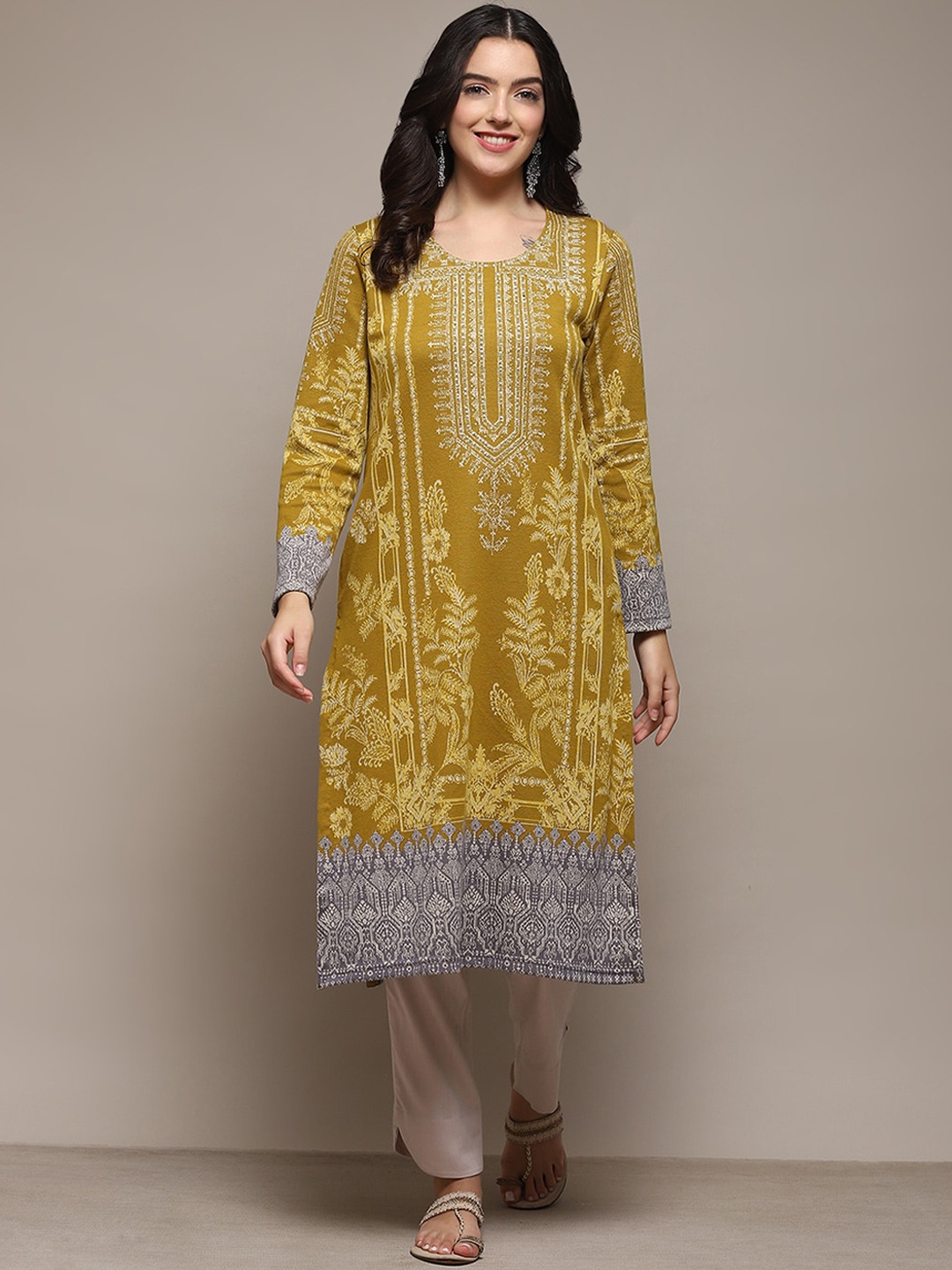 

Biba Ethnic Motifs Printed Thread Work Kurta, Mustard