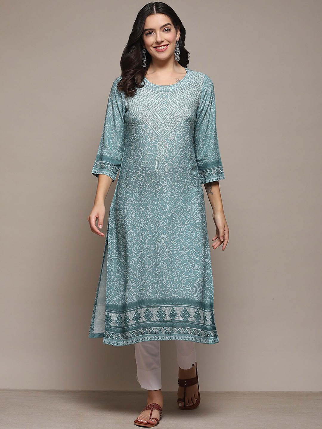

Biba Ethnic Motifs Printed A-line Kurta, Turquoise blue