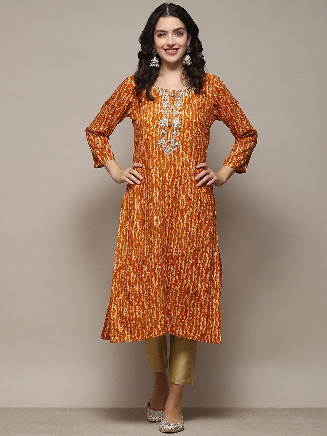 

Biba Ethnic Motifs Printed Thread Work Kurta, Mustard