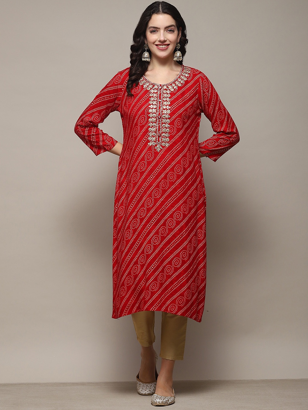 

Biba Bandhani Printed Sequined Detail Straight Kurta, Red