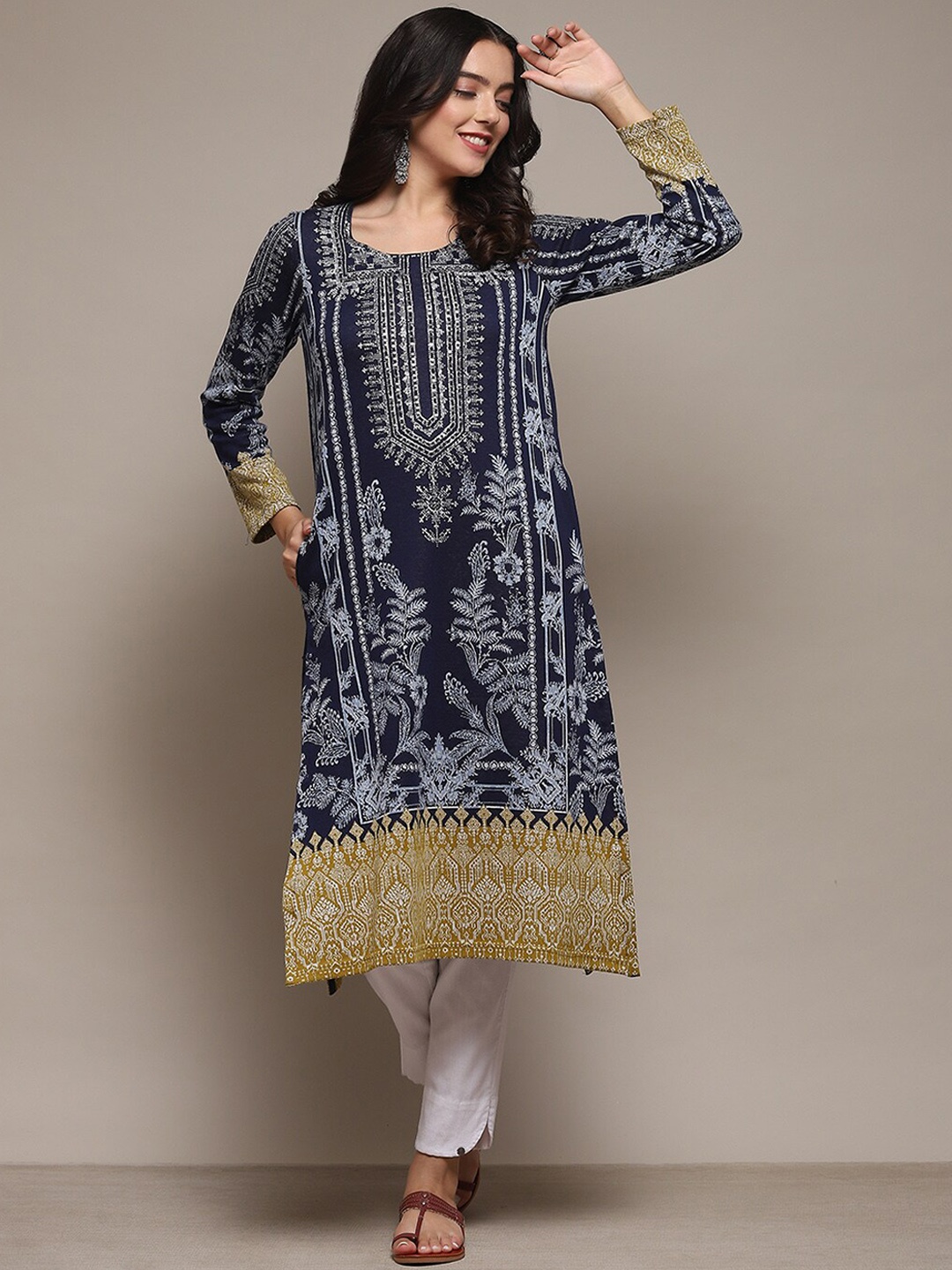 

Biba Ethnic Motifs Printed Sequined Detail Straight Kurta, Navy blue