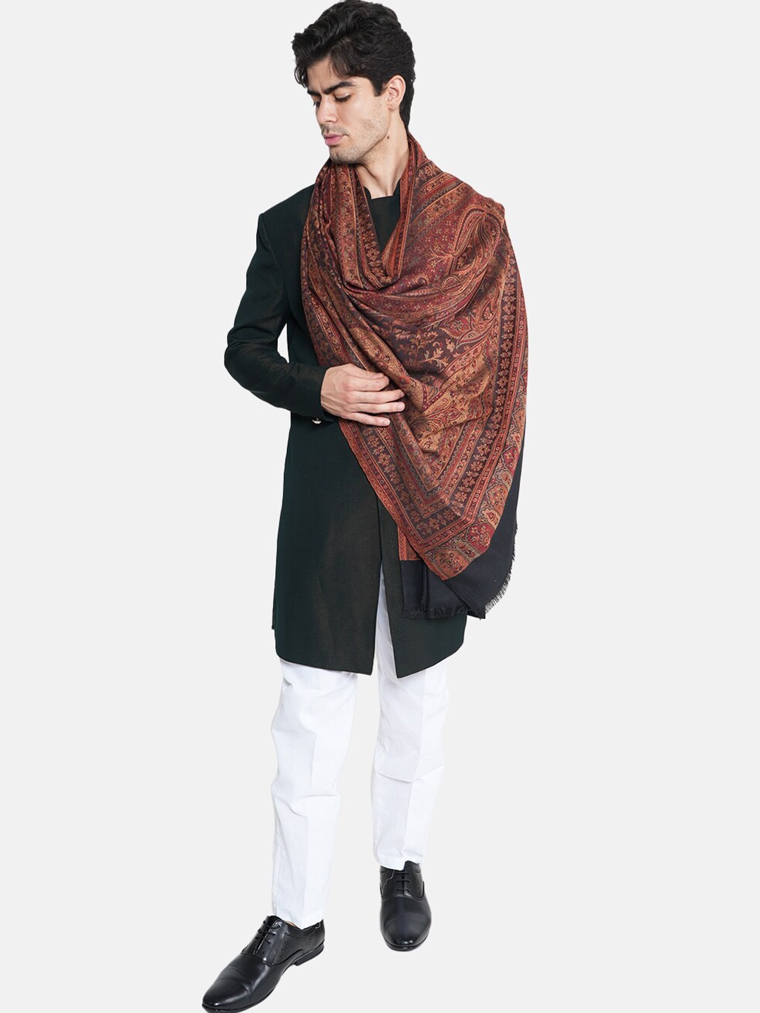 

MUFFLY Paisley Woven Designed Reversible Wool Shawl, Black