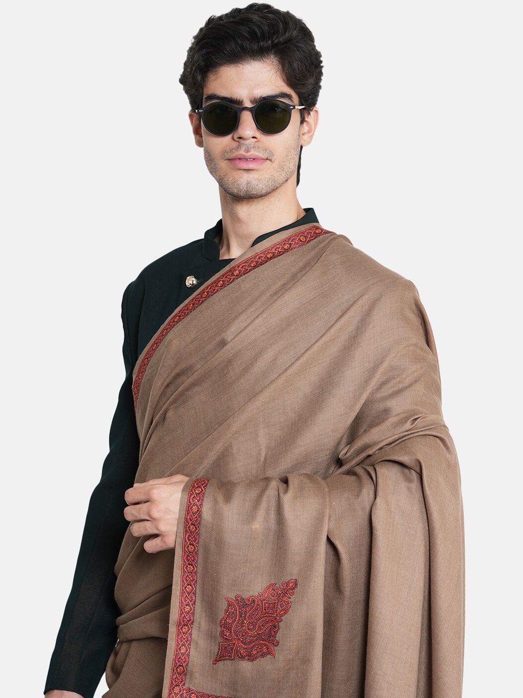 

MUFFLY Men Embroidered Woollen Shawl, Brown