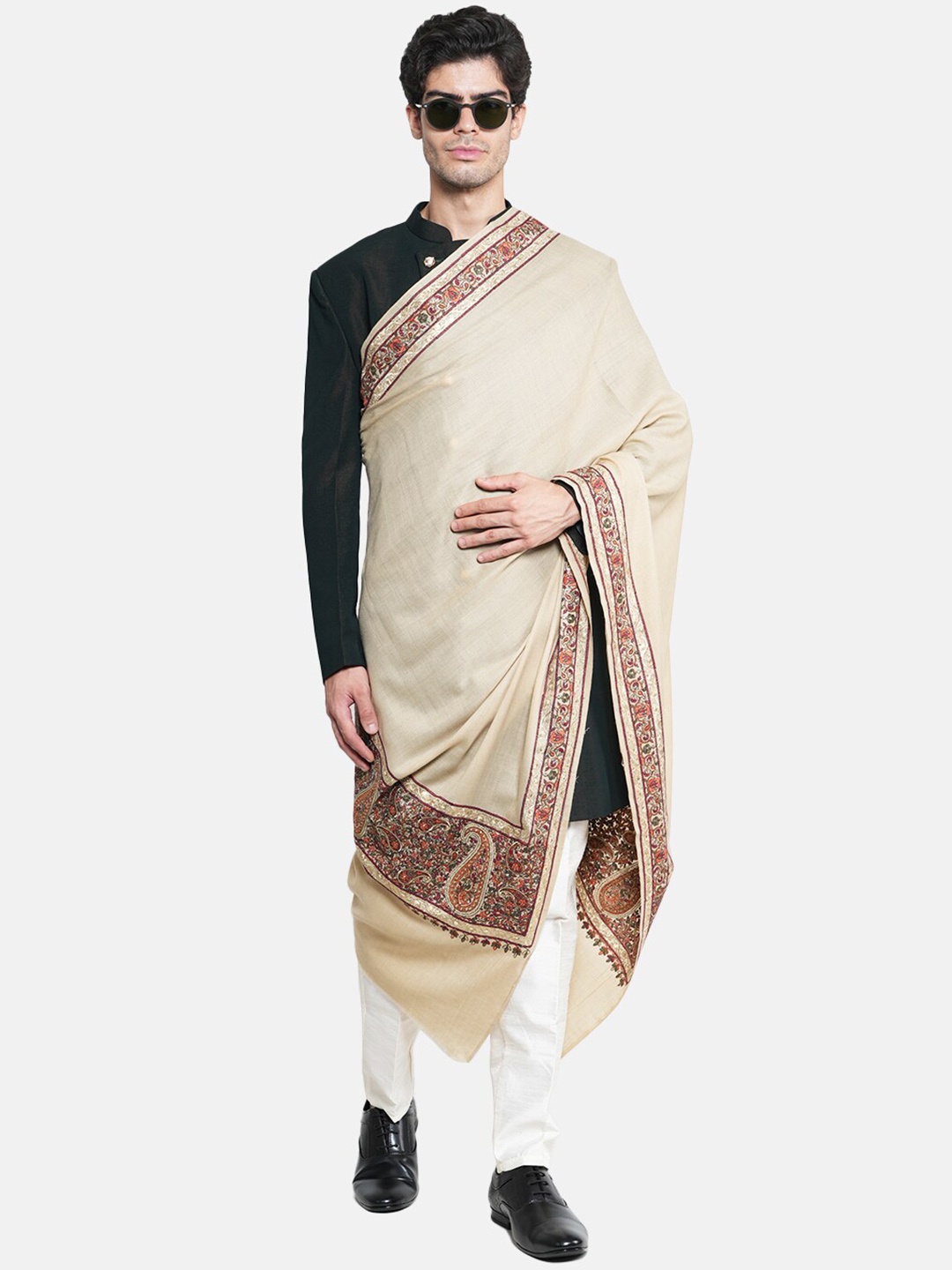 

MUFFLY Paisey Embroidered Pashmina Wool Shawl, Off white