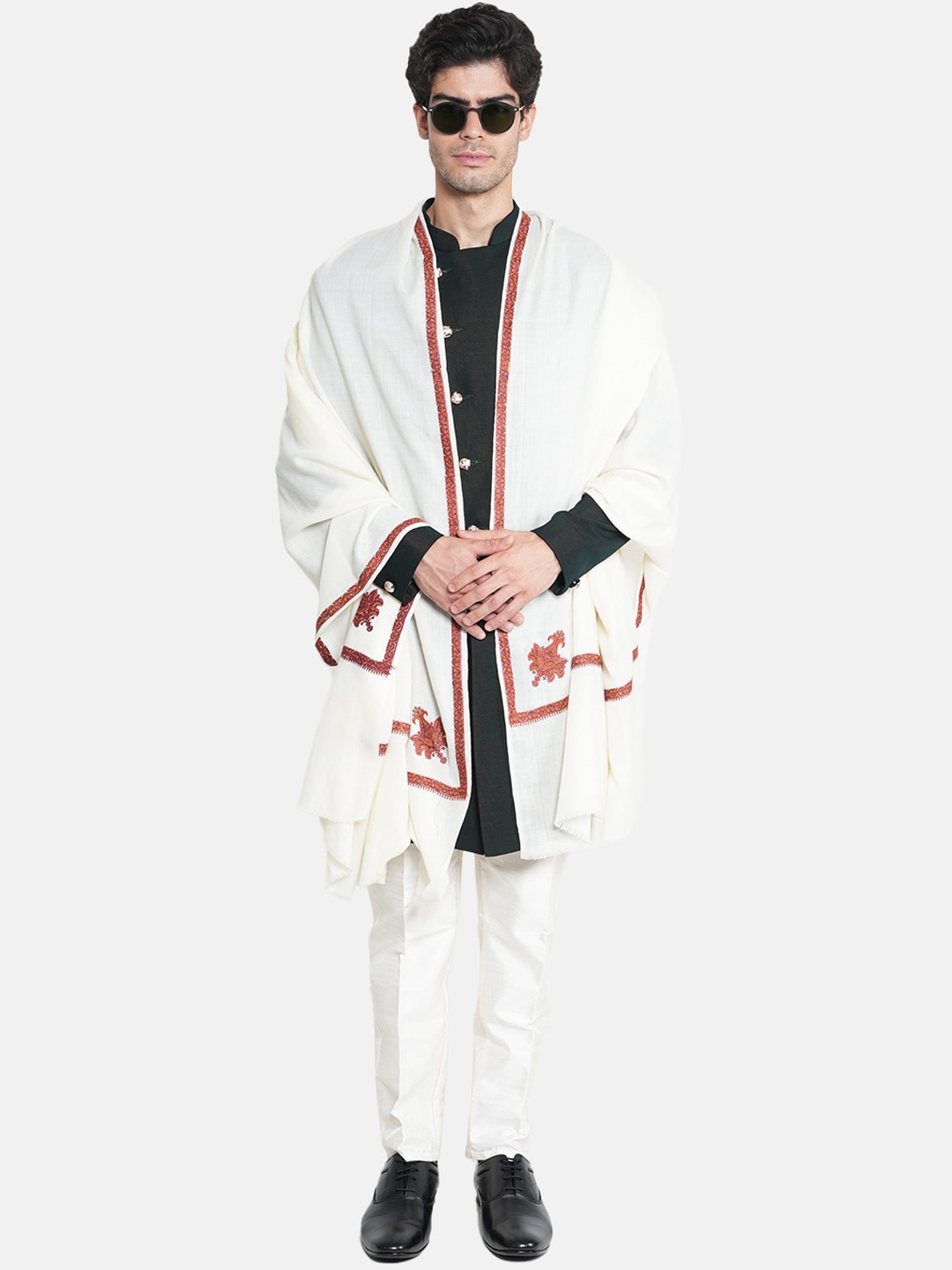 

MUFFLY Men Embroidery Woollen Shawl, White