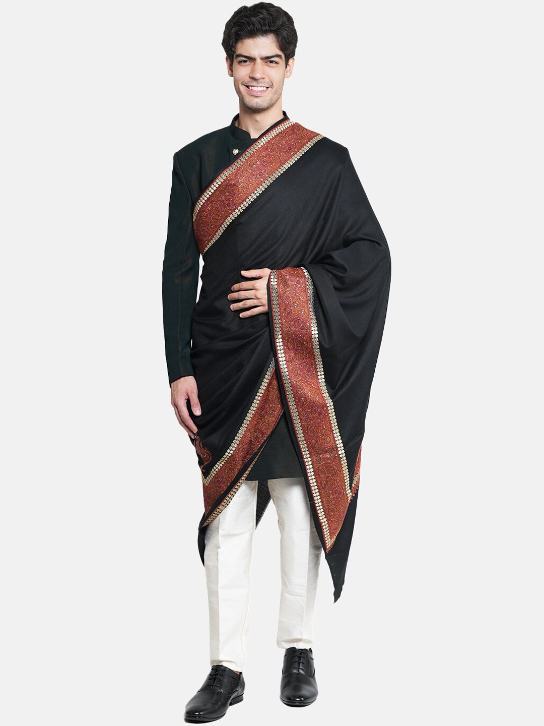 

MUFFLY Men Woven Jaal Design Woolen Shawl, Black