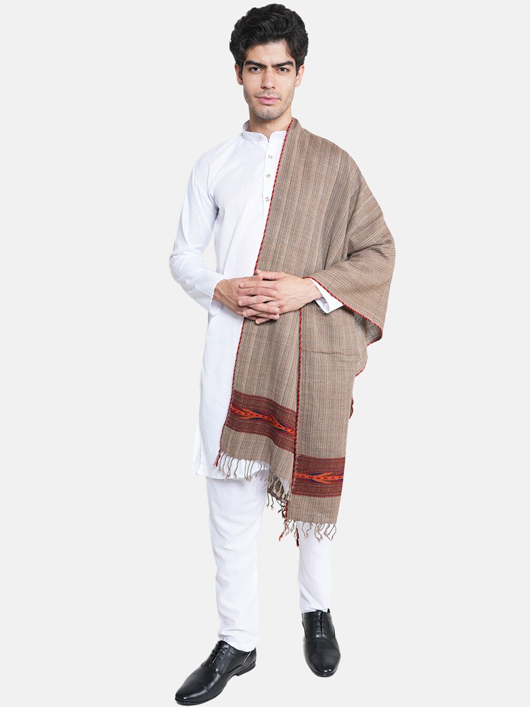 

MUFFLY Striped Woollen Shawl, Beige