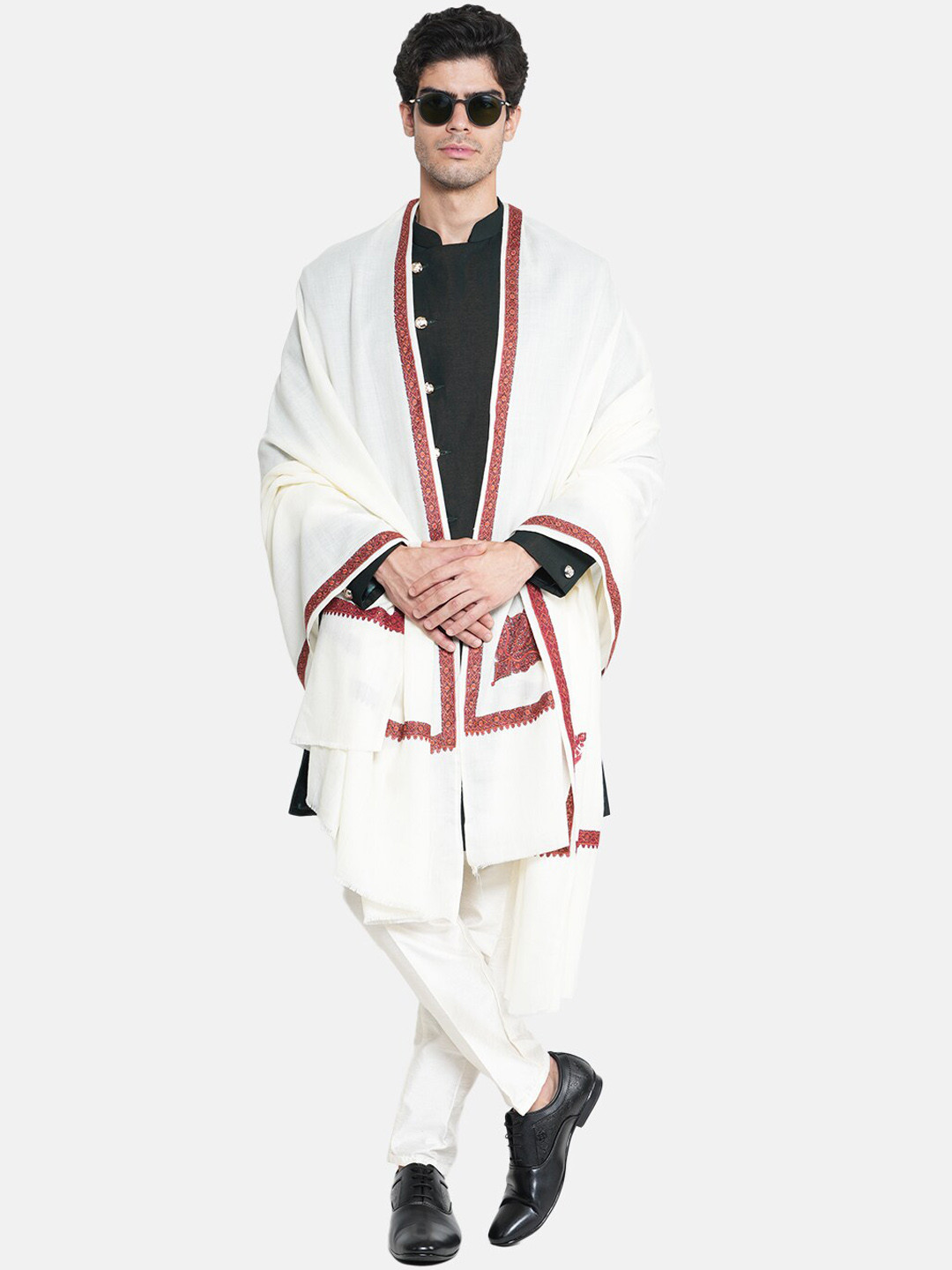 

MUFFLY Embroidered Woollen Shawl, White