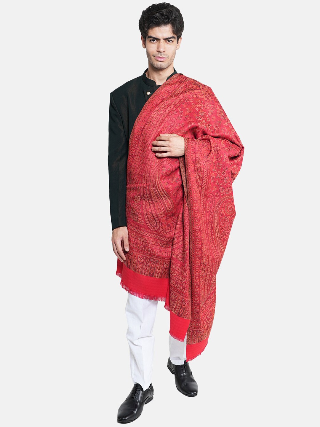 

MUFFLY Men Woven-Design Woolen Reversible Shawl, Red