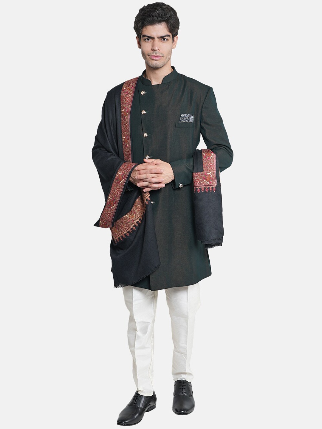 

MUFFLY Men Embroidered Woollen Shawl, Black