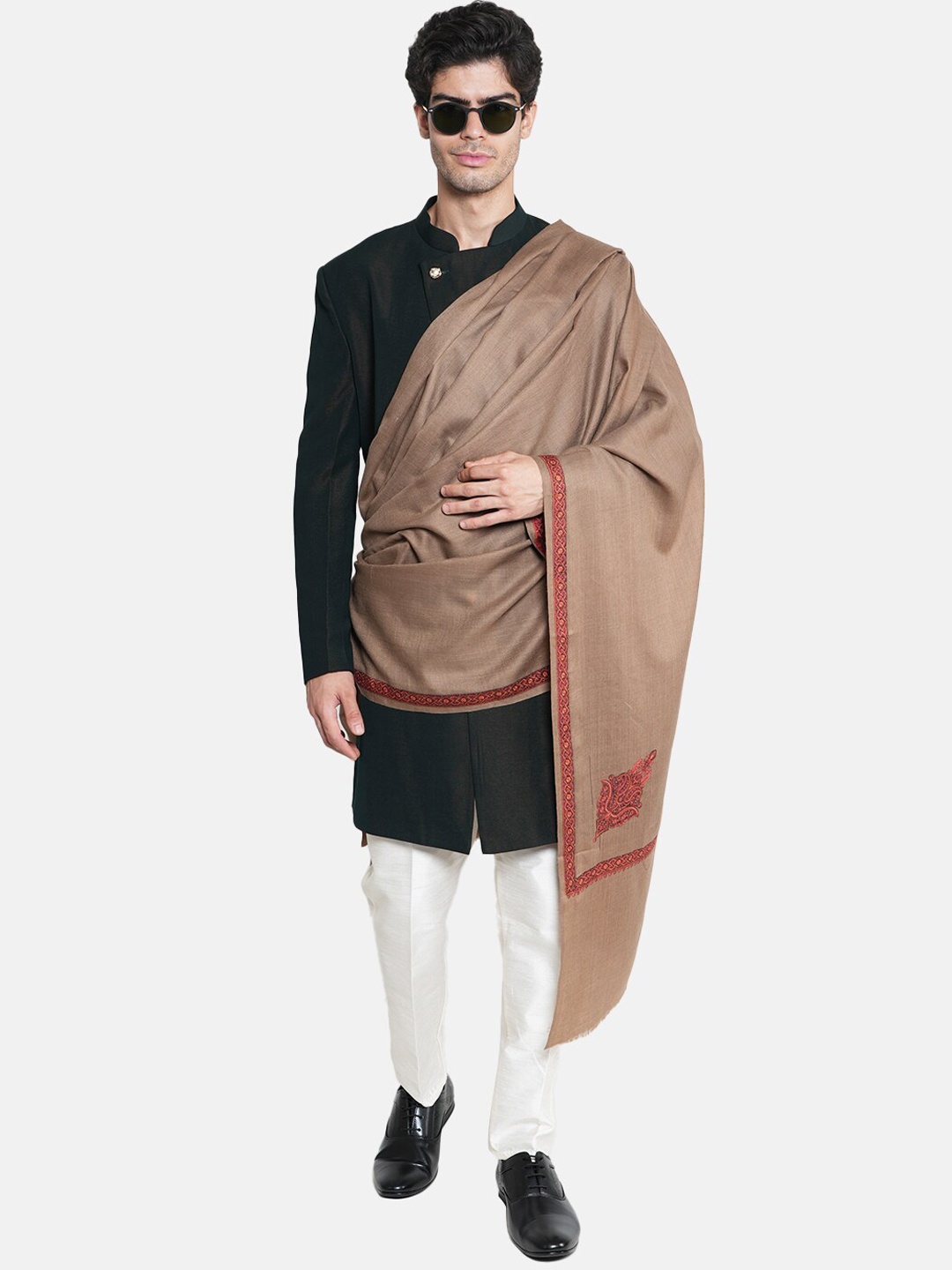 

MUFFLY Embroidered Woolen Shawl, Beige