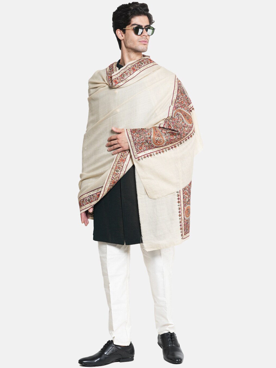

MUFFLY Men Nalki Border Embroidered Needle Work Pashmina Woolen Shawl, Cream