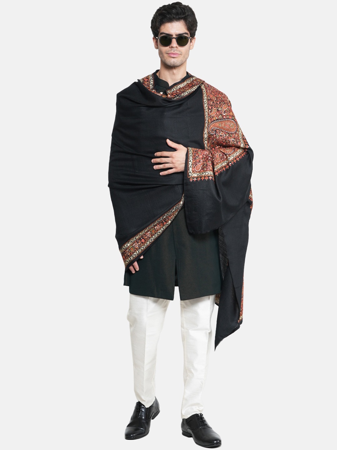 

MUFFLY Men Embroidered Woollen Shawl, Black