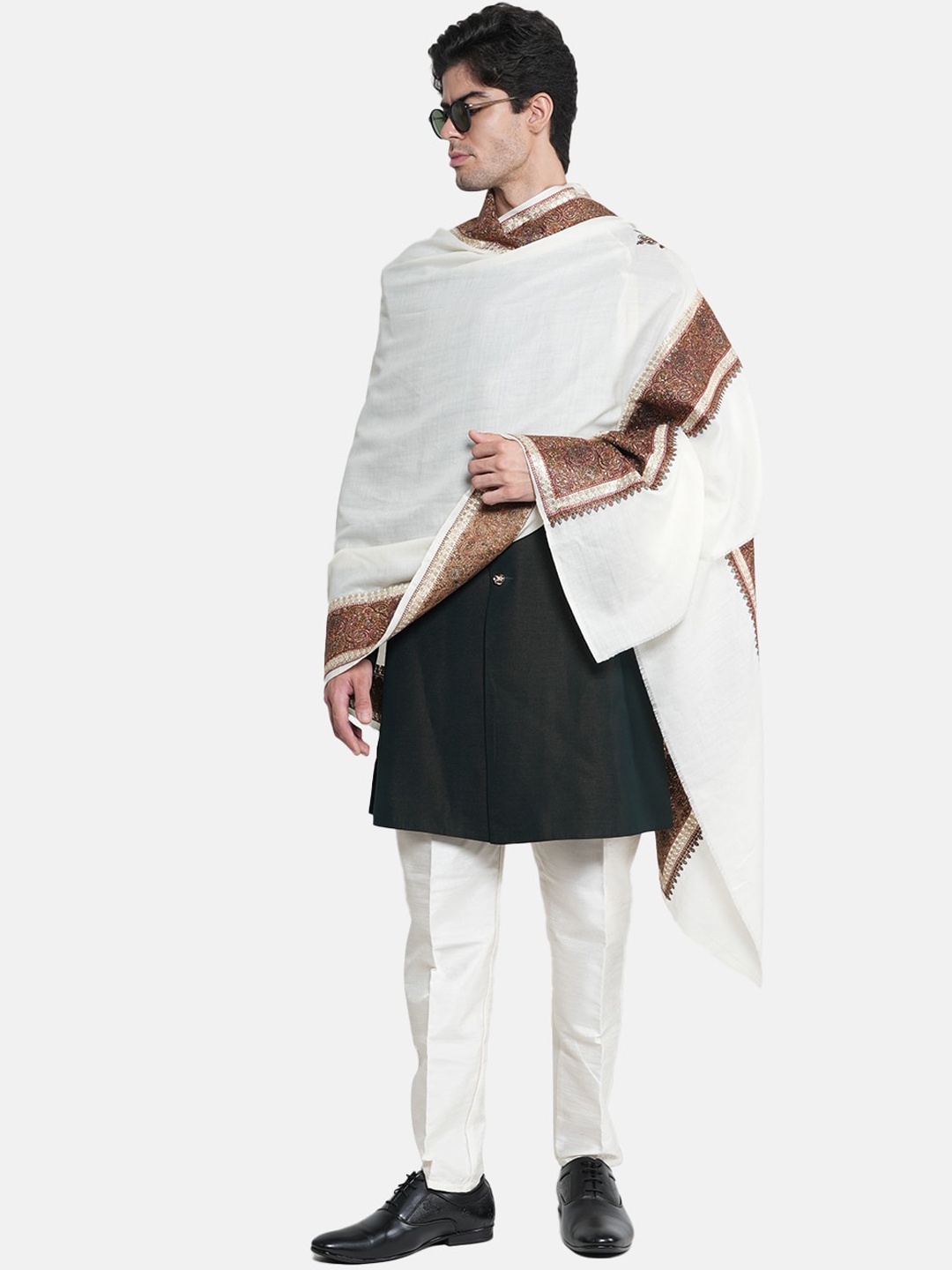 

MUFFLY Men Embroidered Woollen Shawl, White
