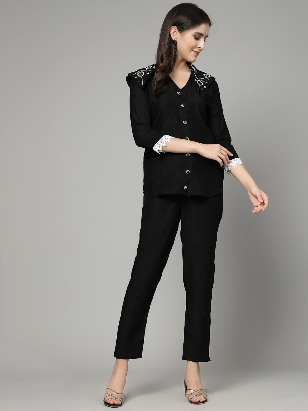 

18 ATTITUDE V-Neck Pure Cotton Shirt With Trousers, Black