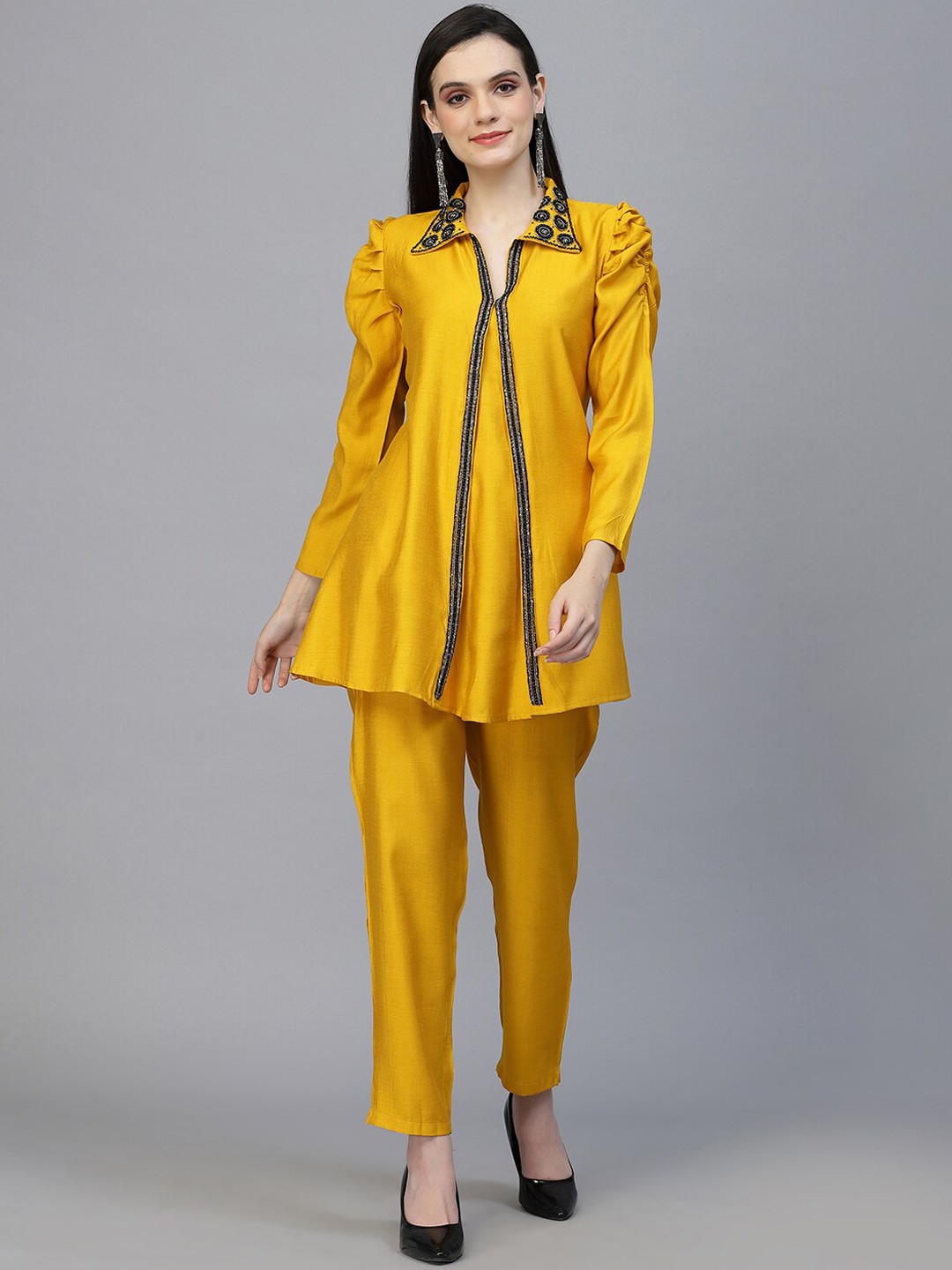 

18 ATTITUDE Embellished Shirt Collar Tunic With Trousers, Mustard