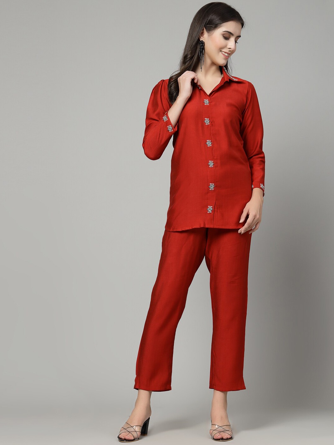 

18 ATTITUDE Embellished Pure Cotton Shirt with Trousers, Red