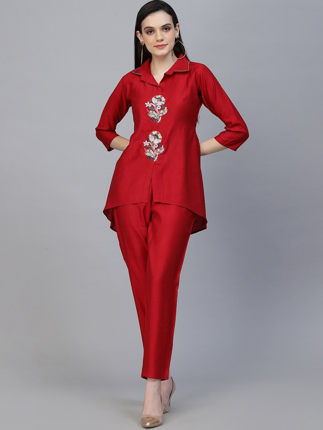 

18 ATTITUDE Embellished Notched Lapel Collar Tunic & Trouser, Red