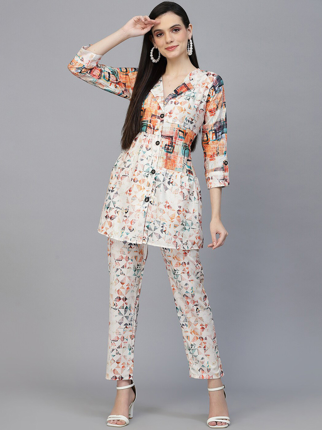 

18 ATTITUDE Printed Pure Cotton Shirt With Trousers, Off white
