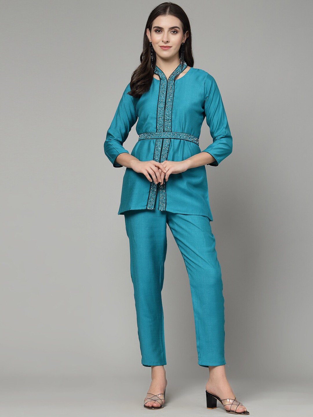 

18 ATTITUDE Embellished V-Neck Pure Cotton Tunic with Trousers, Blue