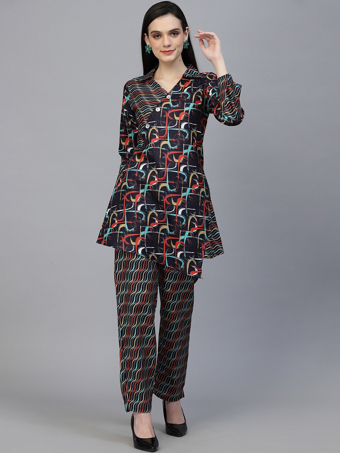 

18 ATTITUDE Abstract Printed Shirt Collar Pure Cotton A-Line Kurti With Trousers, Blue