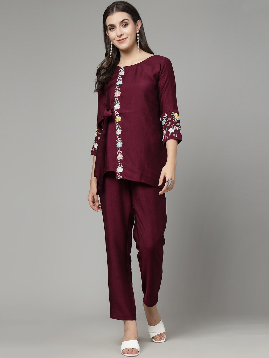 

18 ATTITUDE Embroidered Pure Cotton Tunic With Trousers, Burgundy