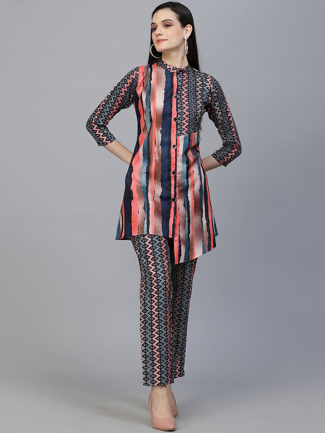 

18 ATTITUDE Geometric Printed Pure Cotton Mandarin Collar Tunic With Trousers, Navy blue