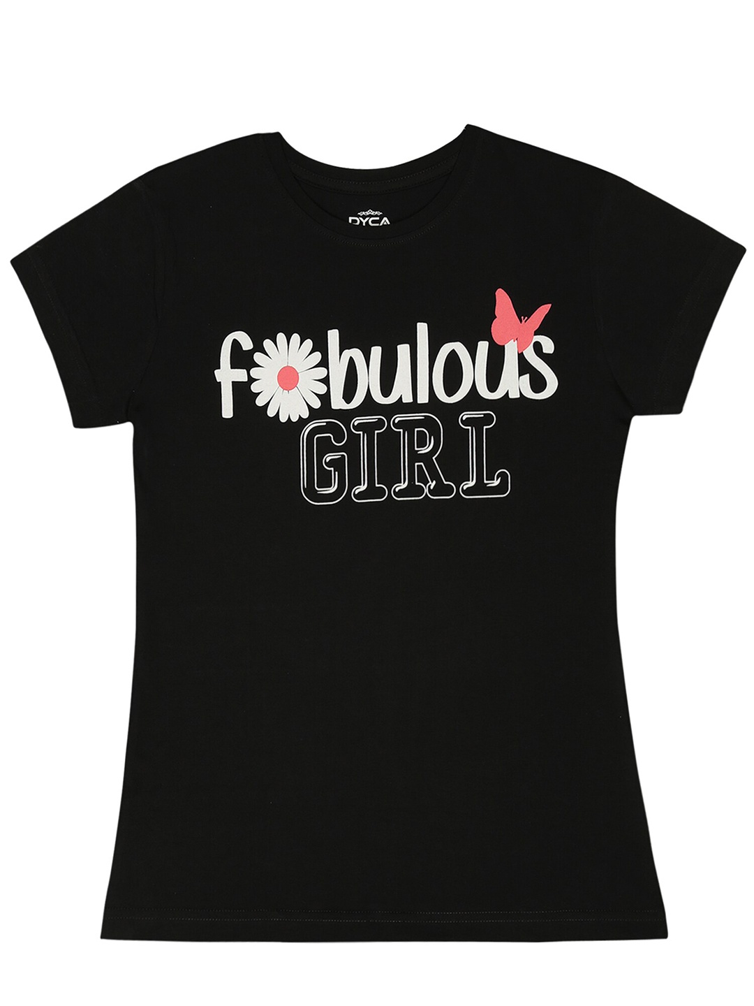 

DYCA Girls Typography Printed Round Neck Cotton T-shirt, Black