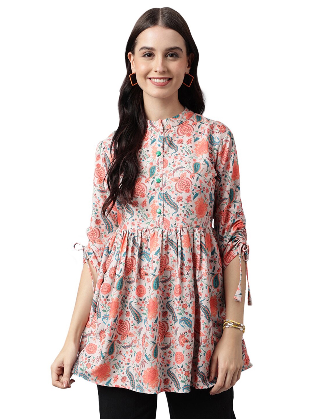

Nimayaa Floral Printed Mandarin Collar A Line Longline Top, Orange
