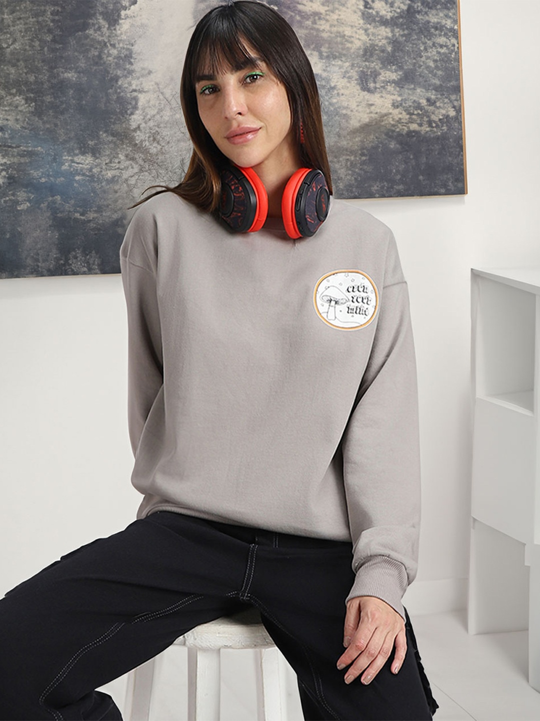 JUNEBERRY Graphic Printed Fleece Oversized Pullover Sweatshirt, Grey