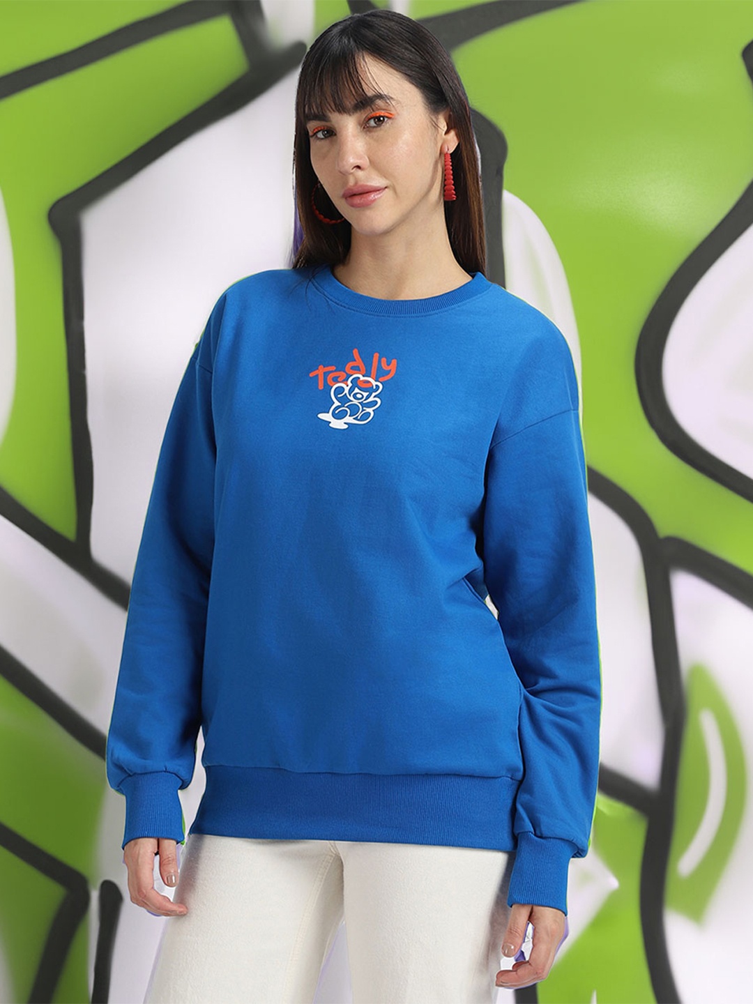 

JUNEBERRY Graphic Printed Fleece Oversized Pullover Sweatshirt, Blue