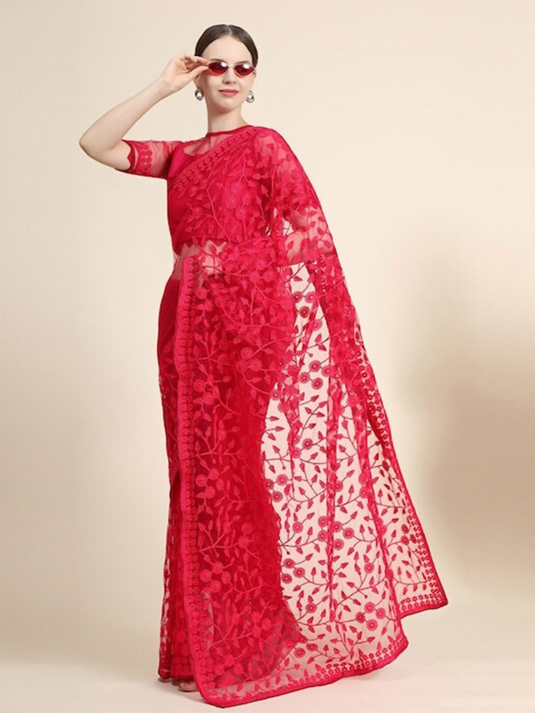 

Nimayaa Floral Embroidered Net Saree, Red