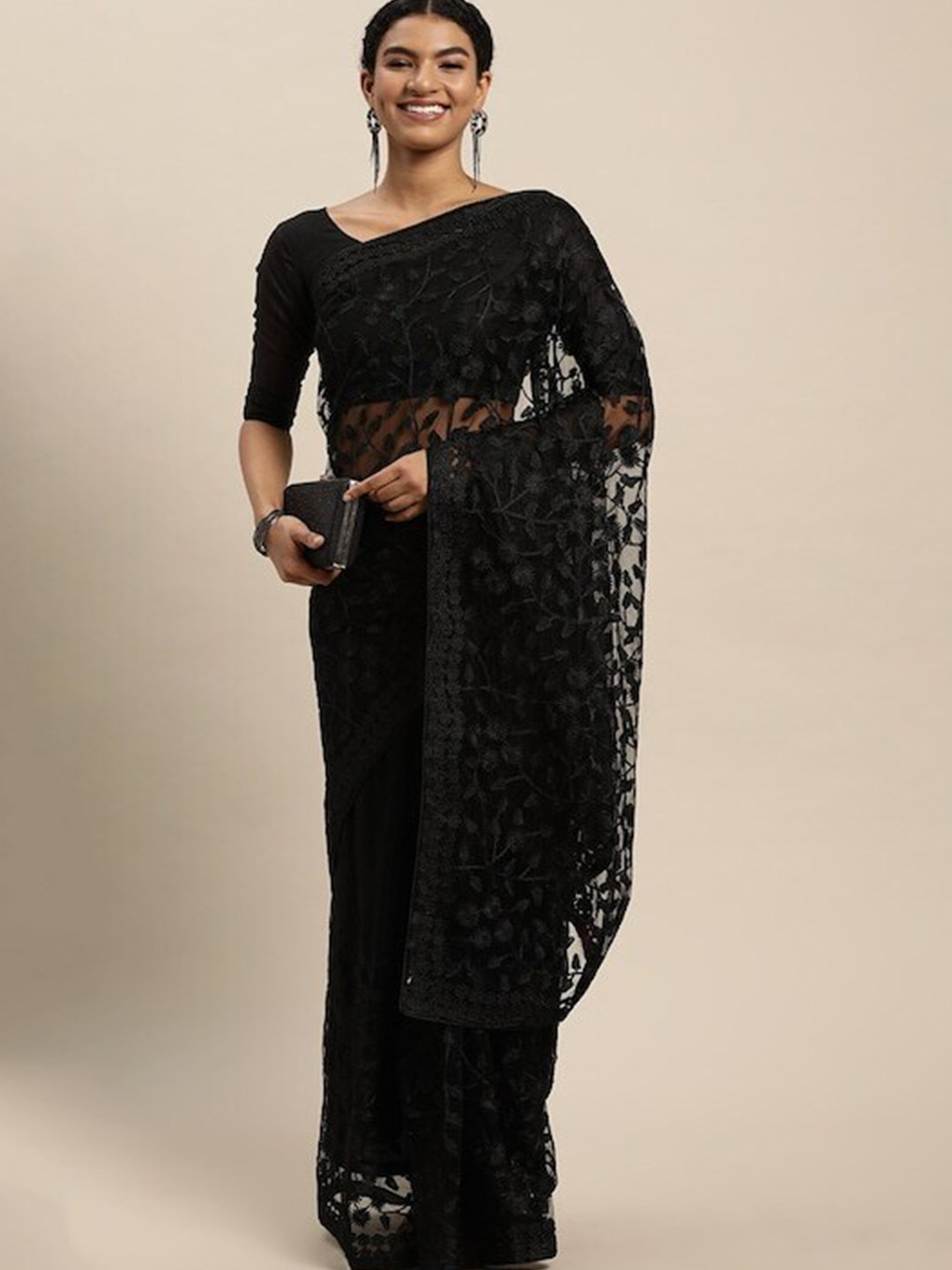 

Mitera Black Floral Embroidered Net Saree