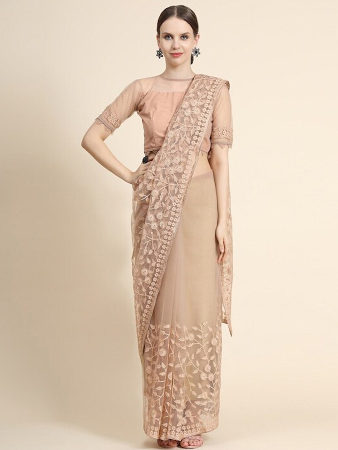 

Mitera Cream-Coloured Floral Embroidered Net Saree
