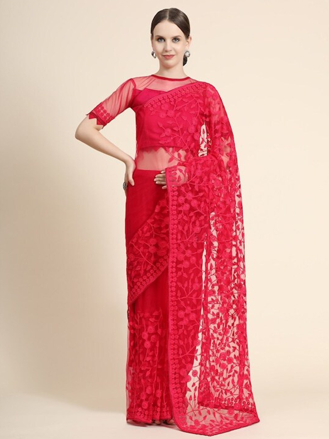 

Mitera Red Floral Embroidered Net Saree
