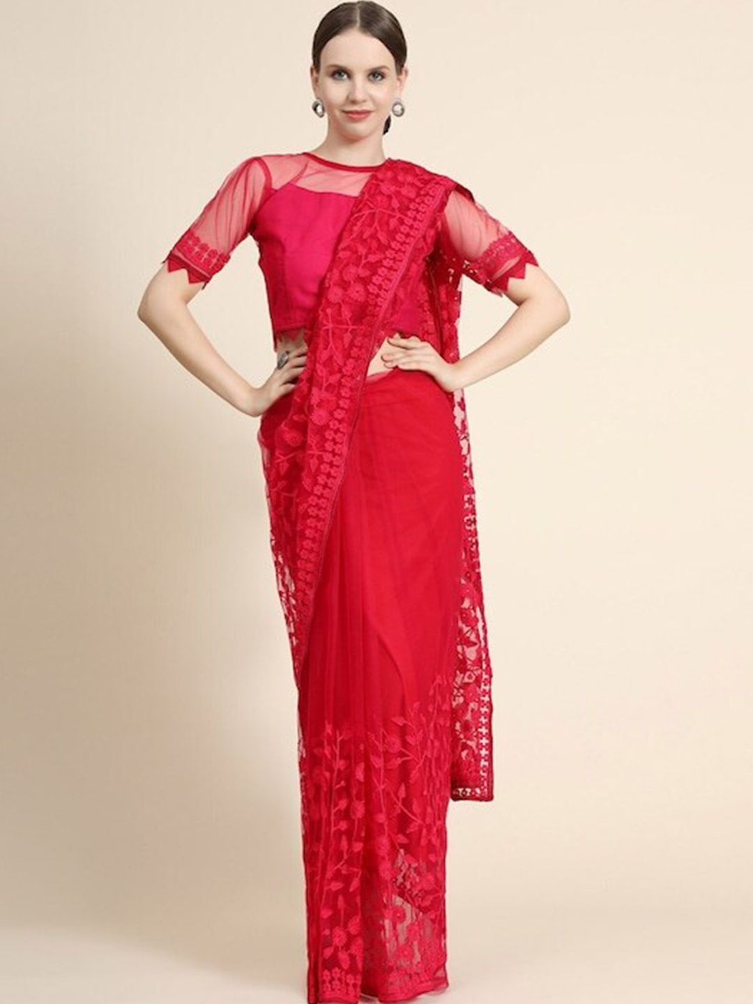 

all about you Red Floral Embroidered Net Saree