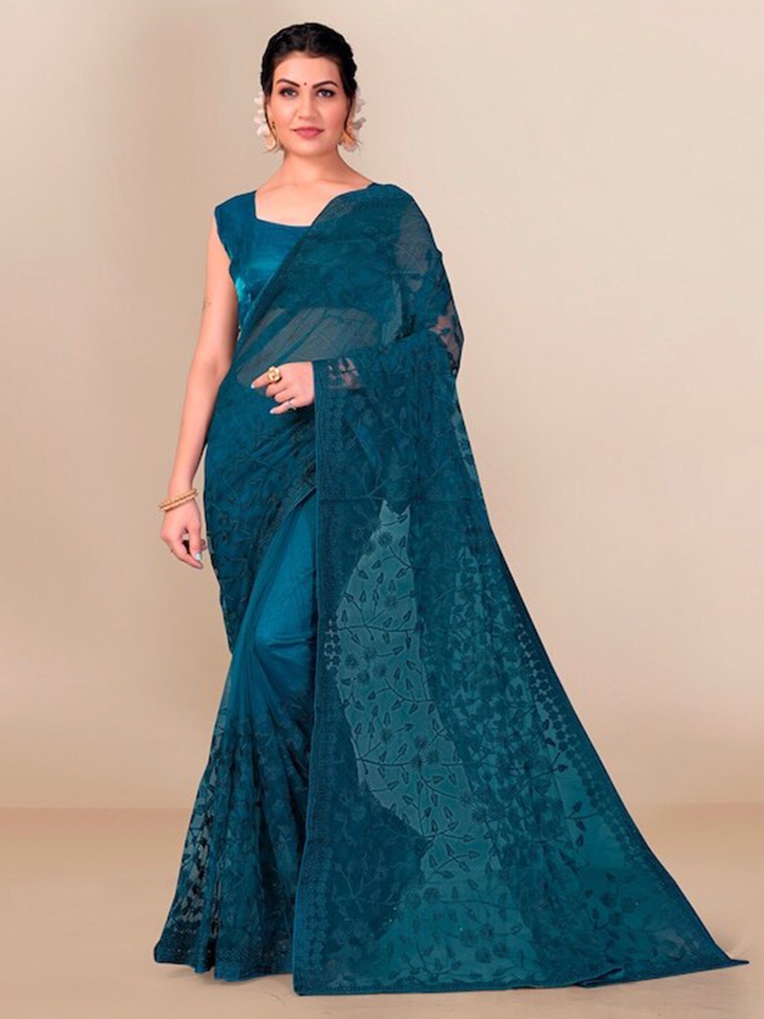 

Mitera Blue Floral Embroidered Net Saree