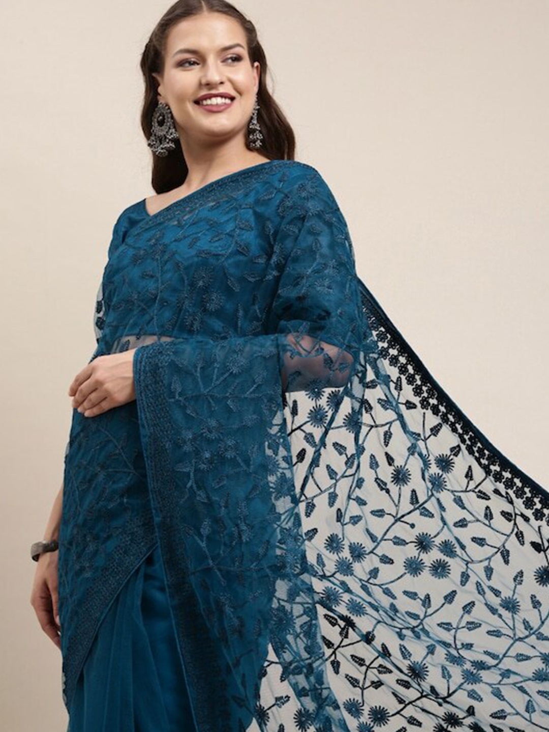 

all about you Blue Floral Embroidered Net Saree