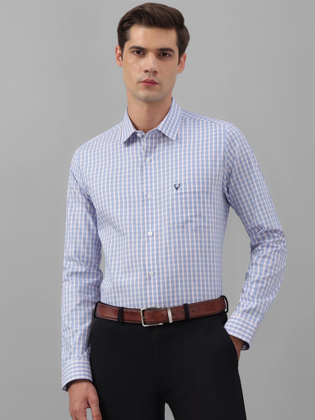 

Allen Solly Slim Fit Gingham Checks Pure Cotton Formal Shirt, Blue