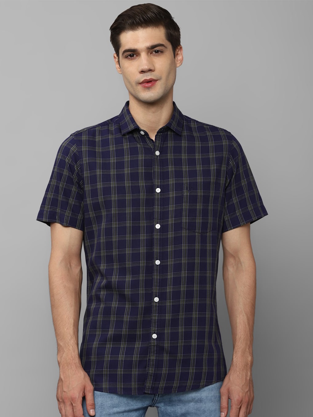 

Allen Solly Slim Fit Gingham Checks Pure Cotton Casual Shirt, Navy blue