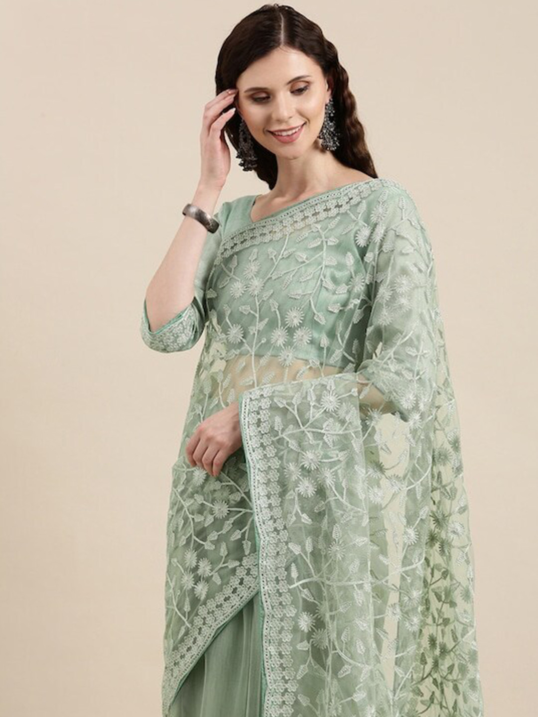 

all about you Green Floral Embroidered Net Saree