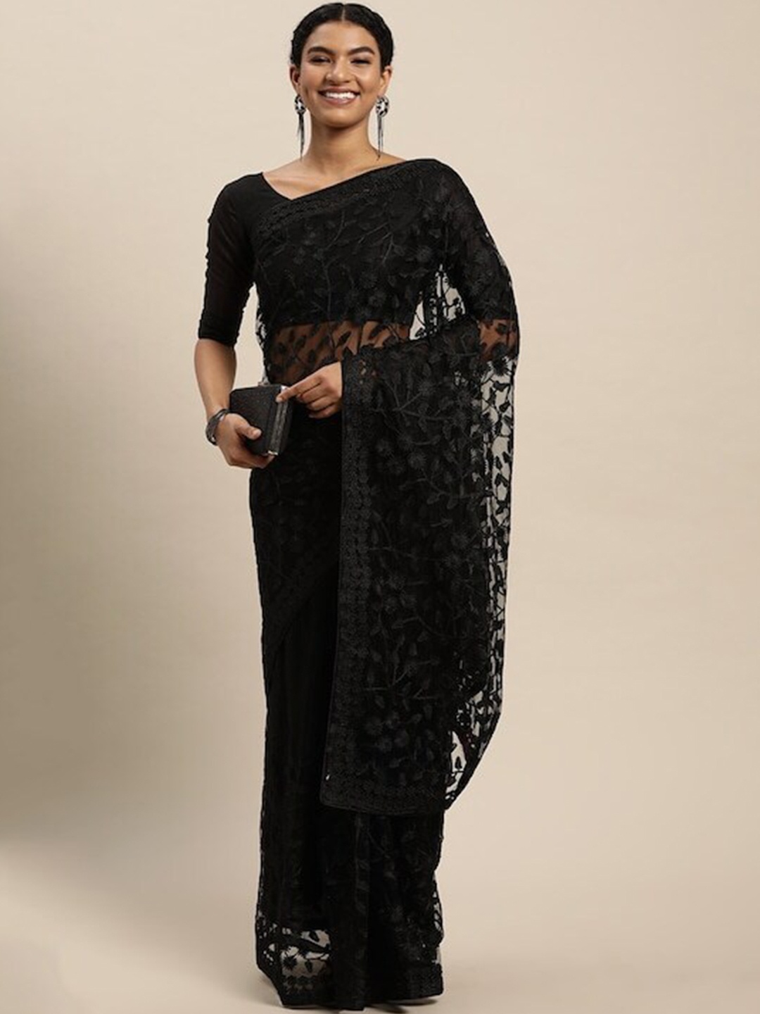 

all about you Black Floral Embroidered Net Saree