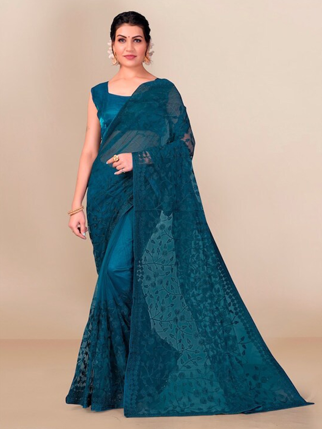 

all about you Blue Floral Embroidered Net Saree