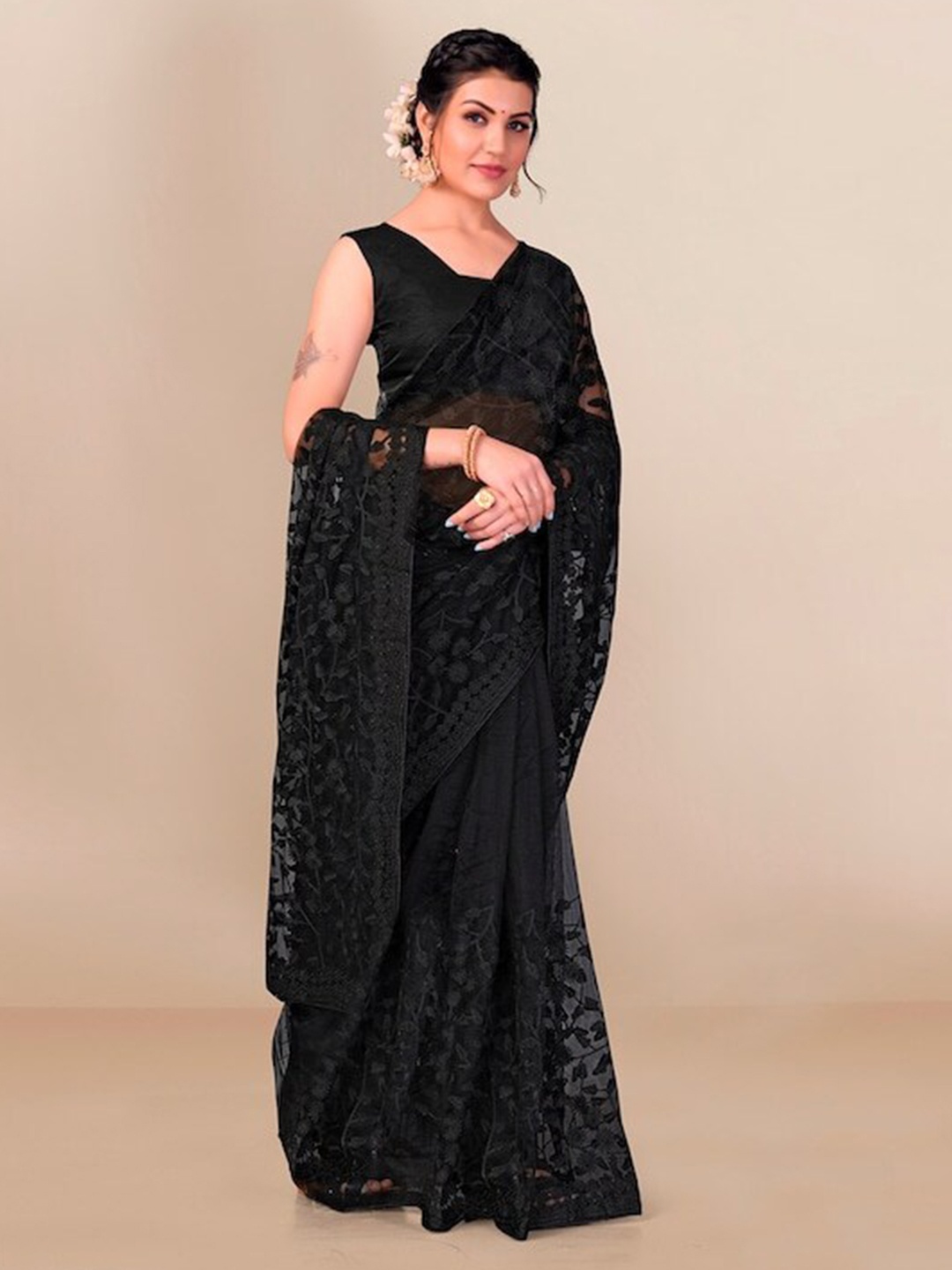 

all about you Black Floral Embroidered Net Saree