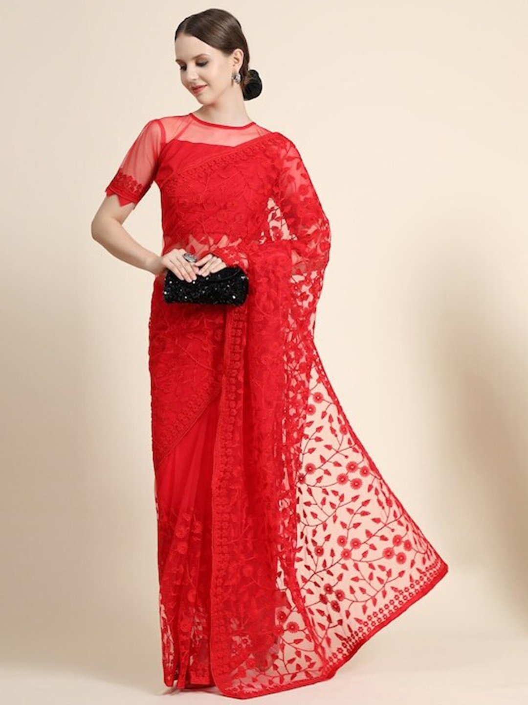 

all about you Red Floral Embroidered Net Saree