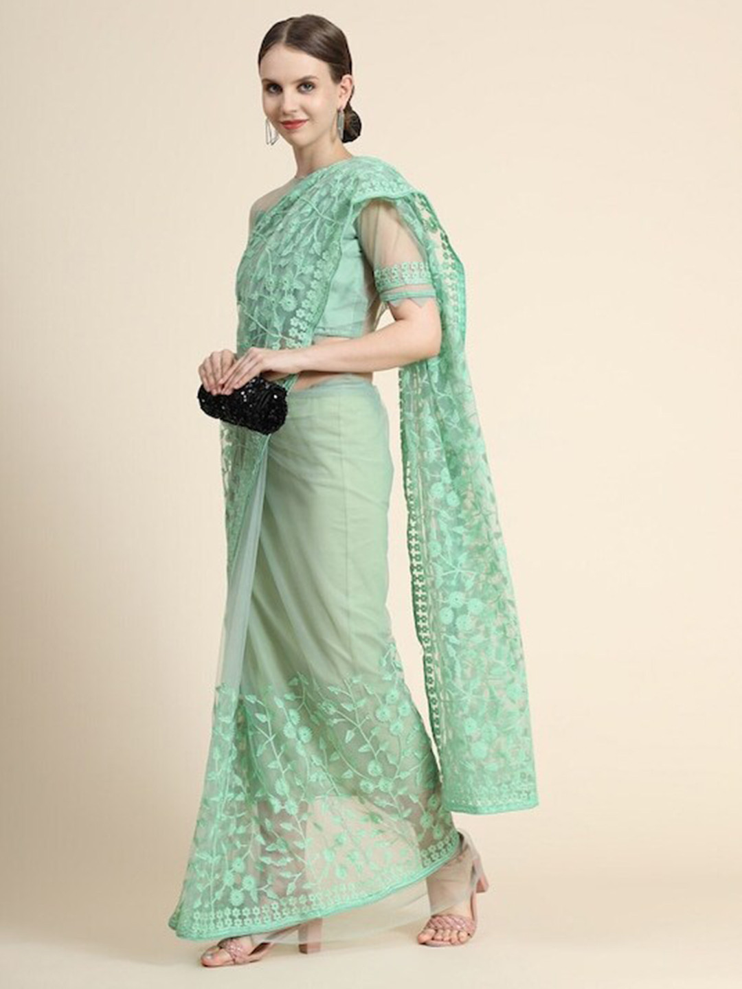 

all about you Green Floral Embroidered Net Saree