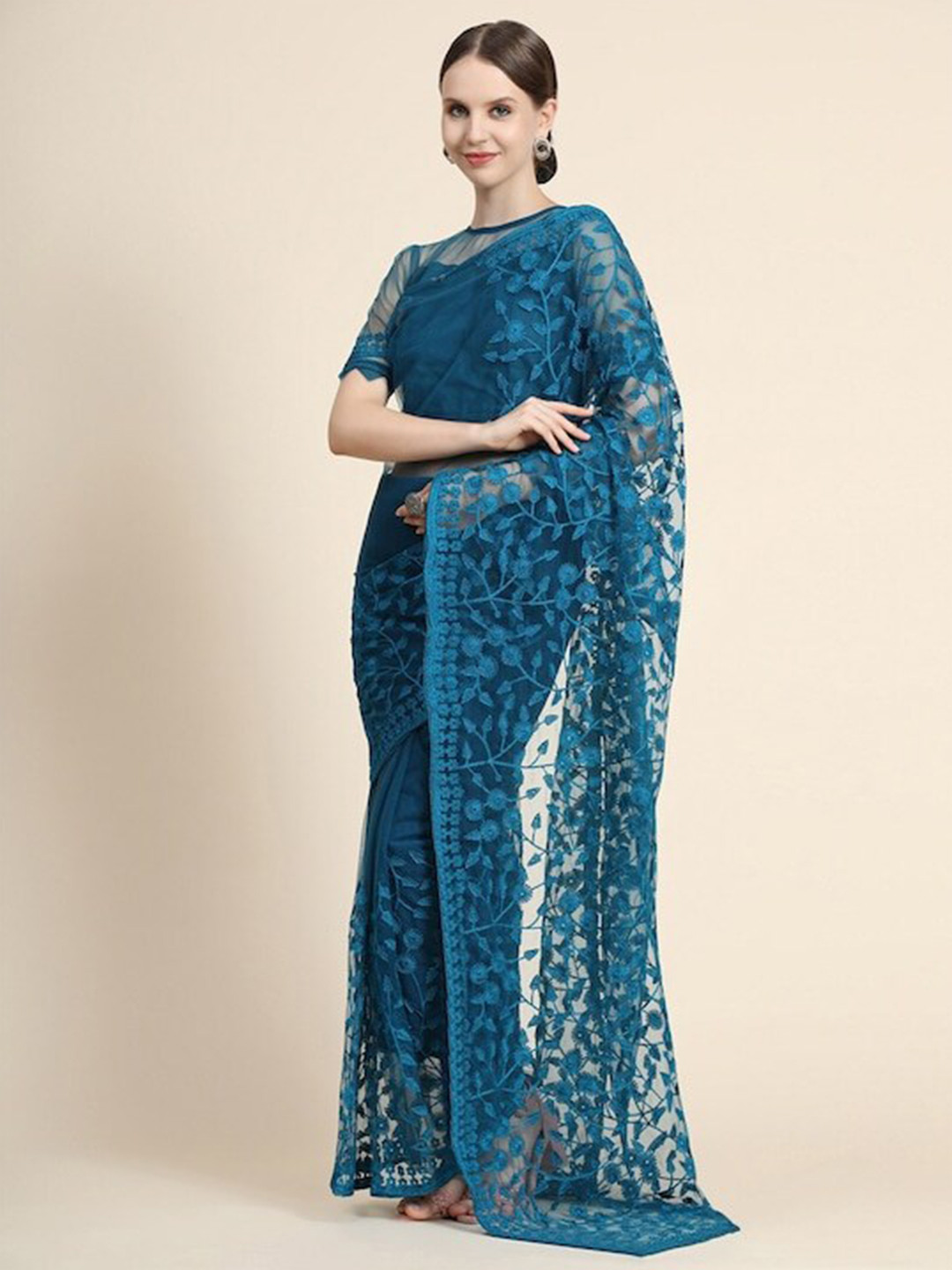 

all about you Blue Floral Embroidered Net Saree